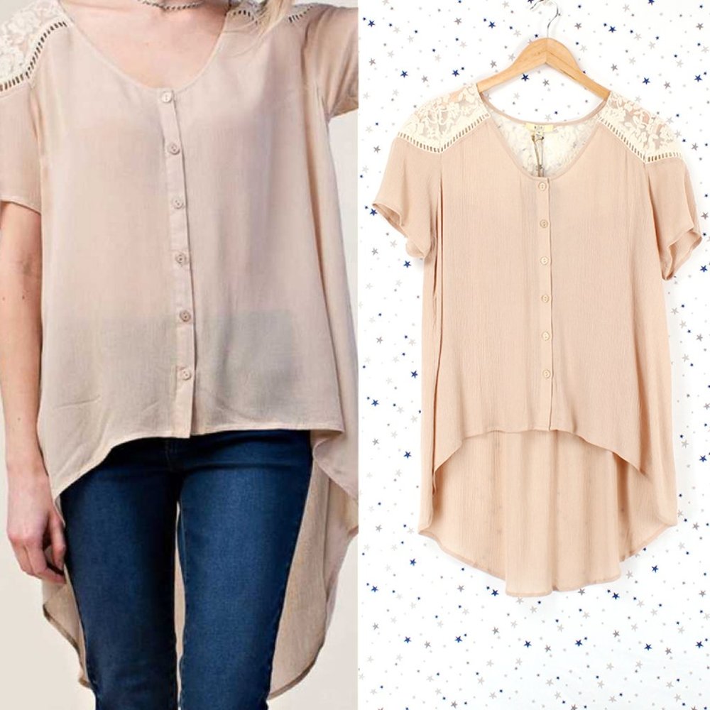 Short Sleeve Lace Button Up Hi-lo Tunic Top Mocha